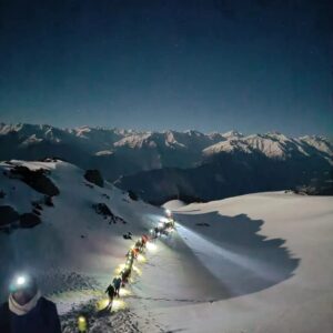 a group of people walking on a snowy mountain